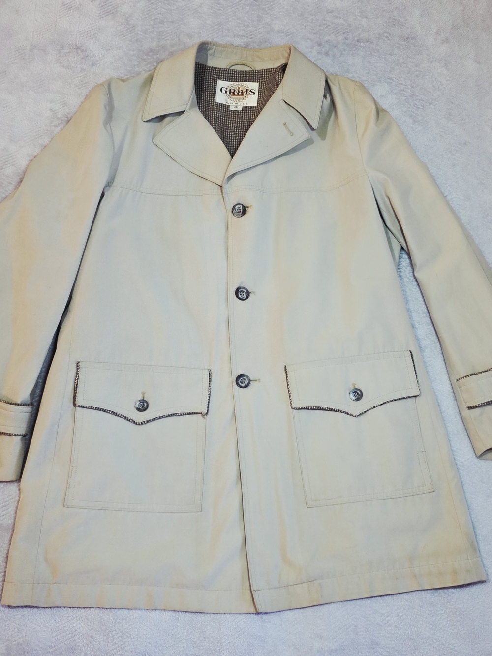 Grais Vintage Tan Car Coat Tweed Trim 46L USA Made
